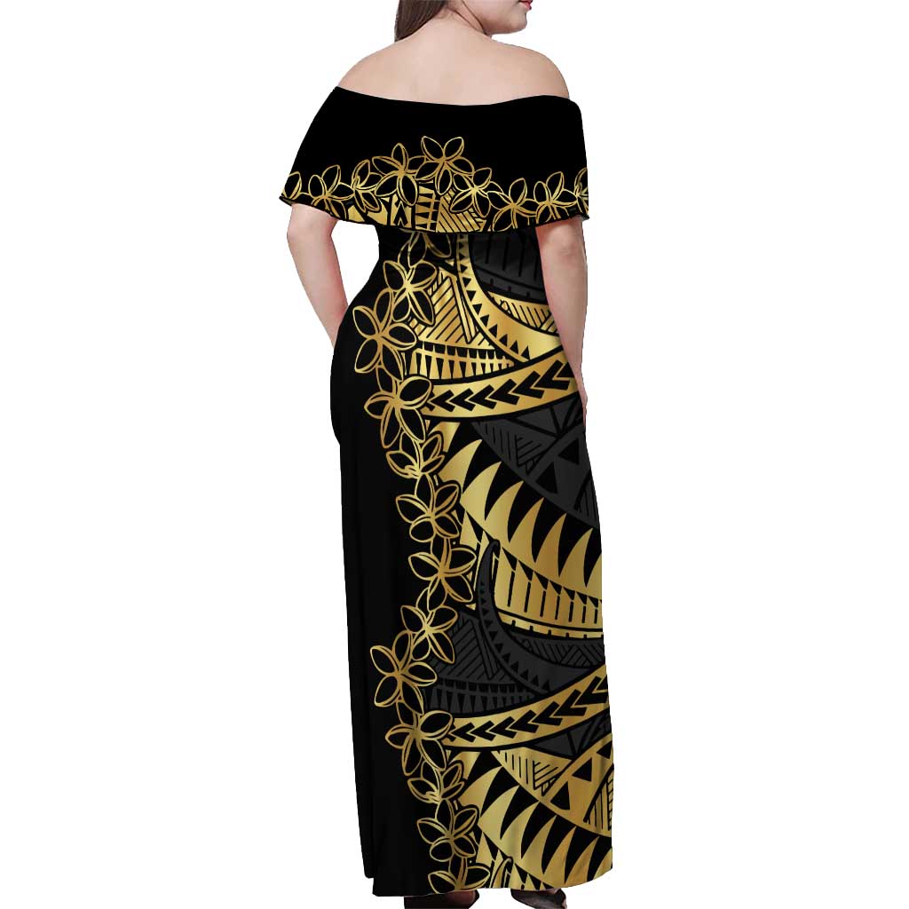 Polynesia Off Shoulder Maxi Dress Black & Gold Fancy Plumeria