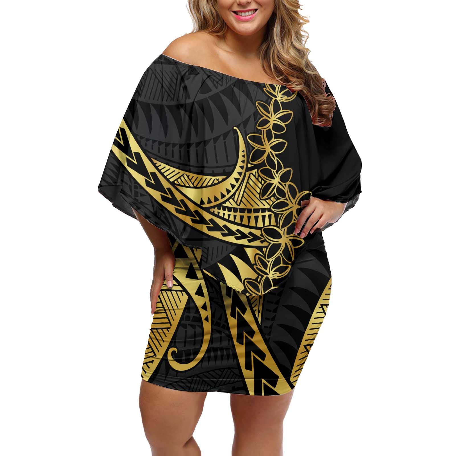 Polynesia Off Shoulder Short Dress Black & Gold Fancy Plumeria