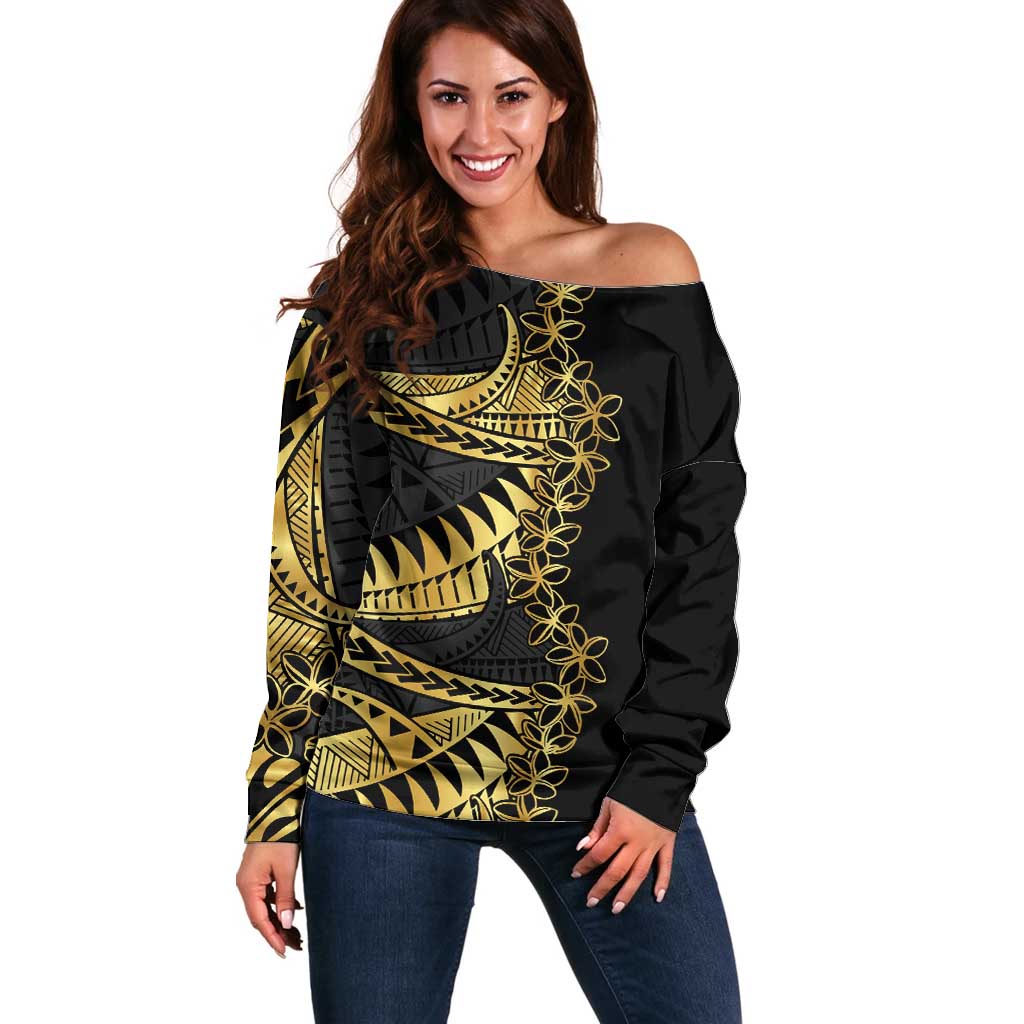 Polynesia Off Shoulder Sweater Black & Gold Fancy Plumeria