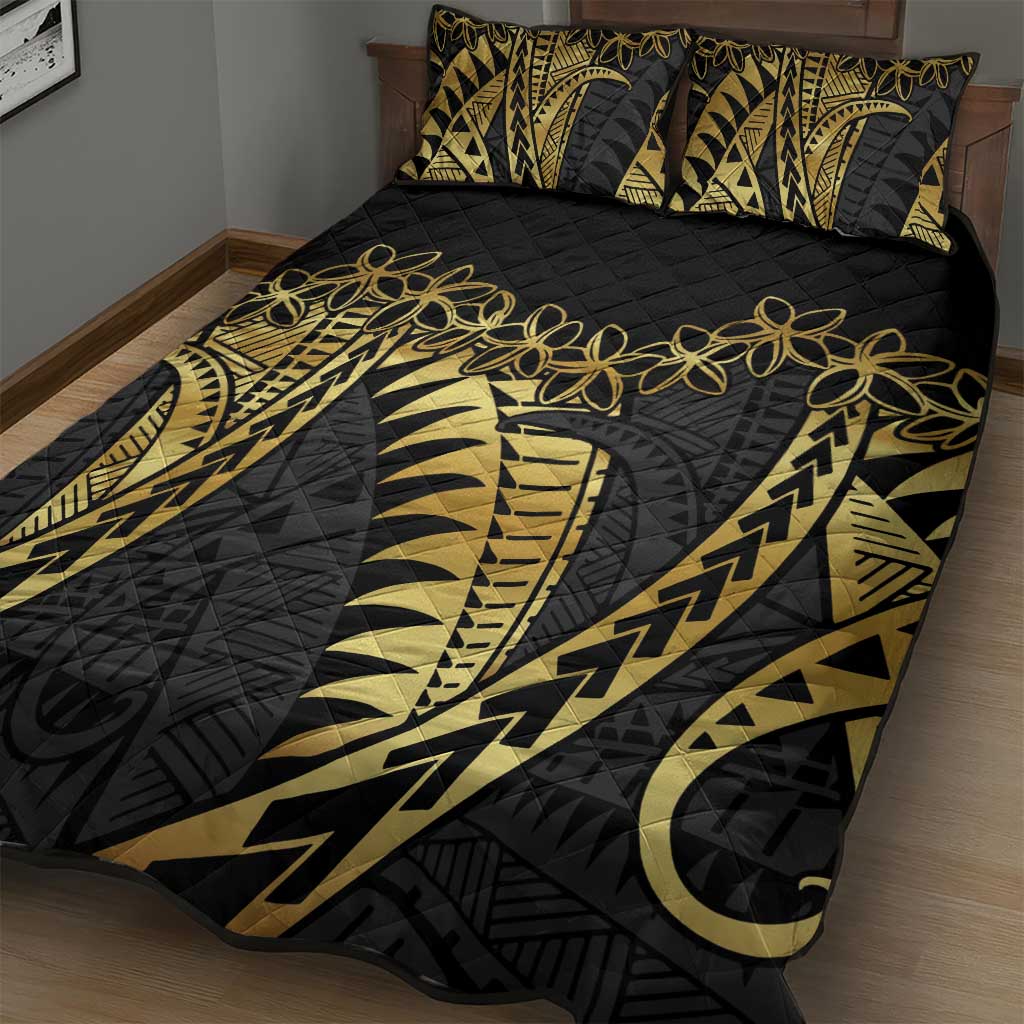 Polynesia Quilt Bed Set Black & Gold Fancy Plumeria