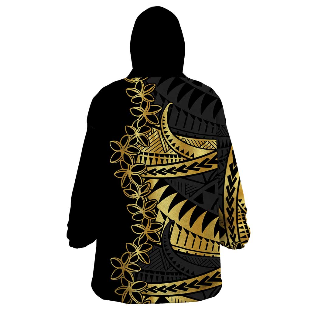 Polynesia Wearable Blanket Hoodie Black & Gold Fancy Plumeria