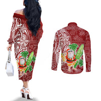 Hawaii Christmas Mele Kalikimaka Couples Matching Off The Shoulder Long Sleeve Dress and Long Sleeve Button Shirt Santa Claus LT7 - Polynesian Pride