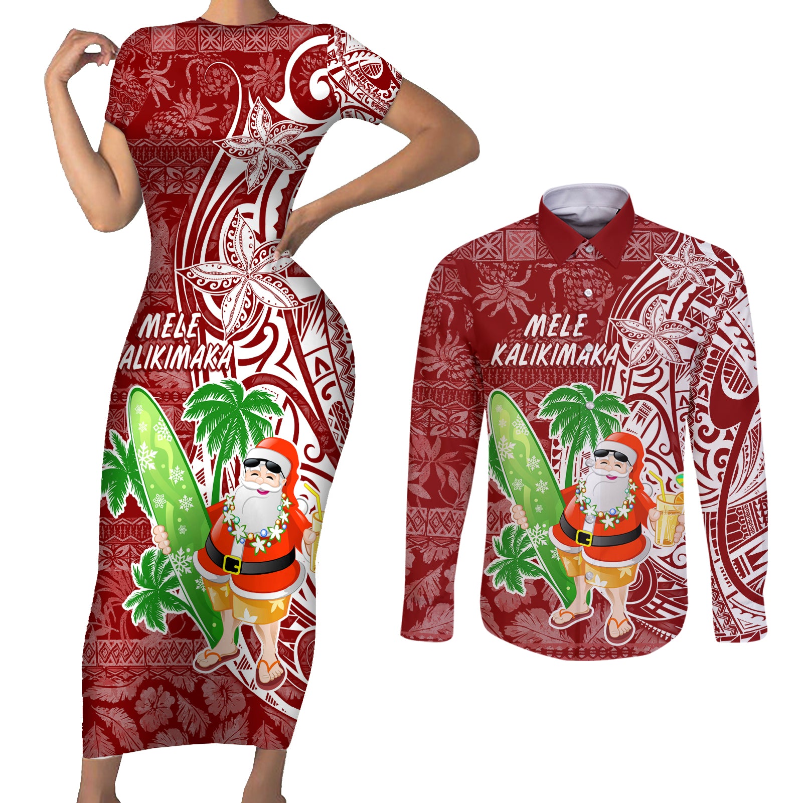 Hawaii Christmas Mele Kalikimaka Couples Matching Short Sleeve Bodycon Dress and Long Sleeve Button Shirt Santa Claus LT7 Red - Polynesian Pride