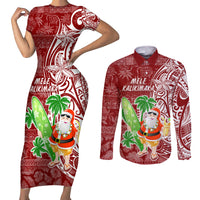 Hawaii Christmas Mele Kalikimaka Couples Matching Short Sleeve Bodycon Dress and Long Sleeve Button Shirt Santa Claus LT7 Red - Polynesian Pride