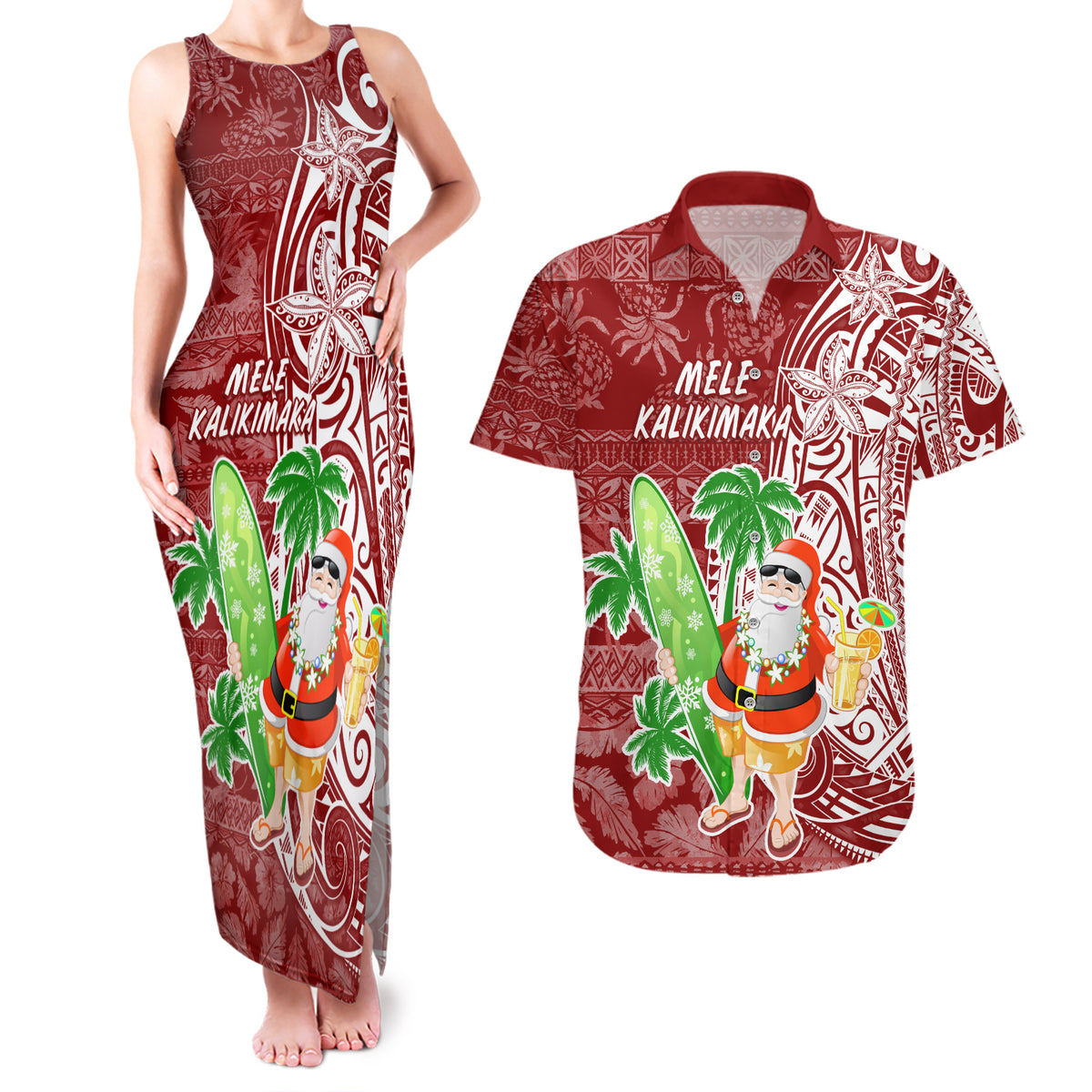 Hawaii Christmas Mele Kalikimaka Couples Matching Tank Maxi Dress and Hawaiian Shirt Santa Claus LT7 Red - Polynesian Pride