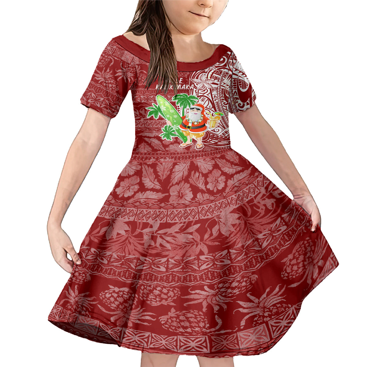 Hawaii Christmas Mele Kalikimaka Family Matching Mermaid Dress and Hawaiian Shirt Santa Claus LT7 Daughter's Dress Red - Polynesian Pride