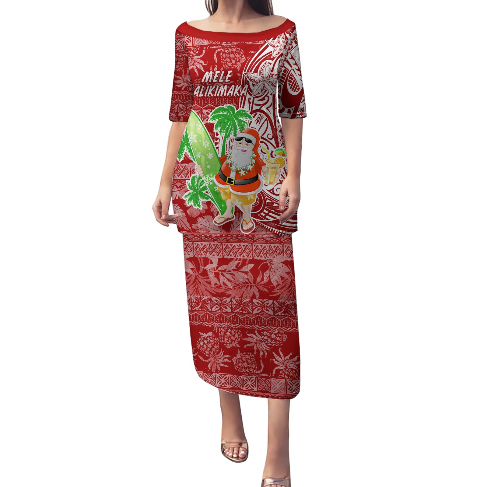 Hawaii Christmas Mele Kalikimaka Puletasi Santa Claus LT7 Long Dress Red - Polynesian Pride