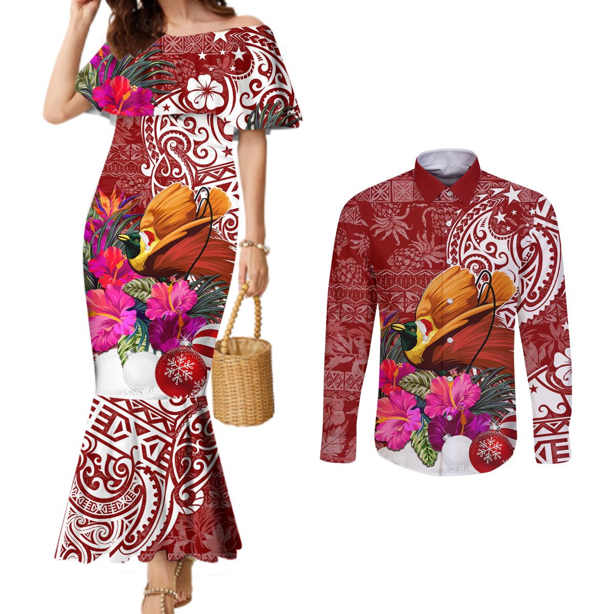 Papua New Guinea Christmas Couples Matching Mermaid Dress and Long Sleeve Button Shirt Bird-of-Paradise Special LT7 Red - Polynesian Pride