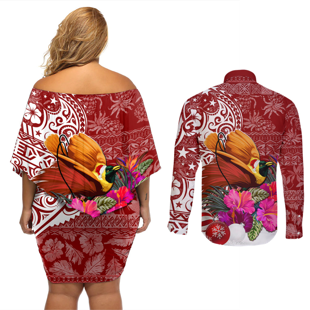 Papua New Guinea Christmas Couples Matching Off Shoulder Short Dress and Long Sleeve Button Shirt Bird-of-Paradise Special LT7 - Polynesian Pride