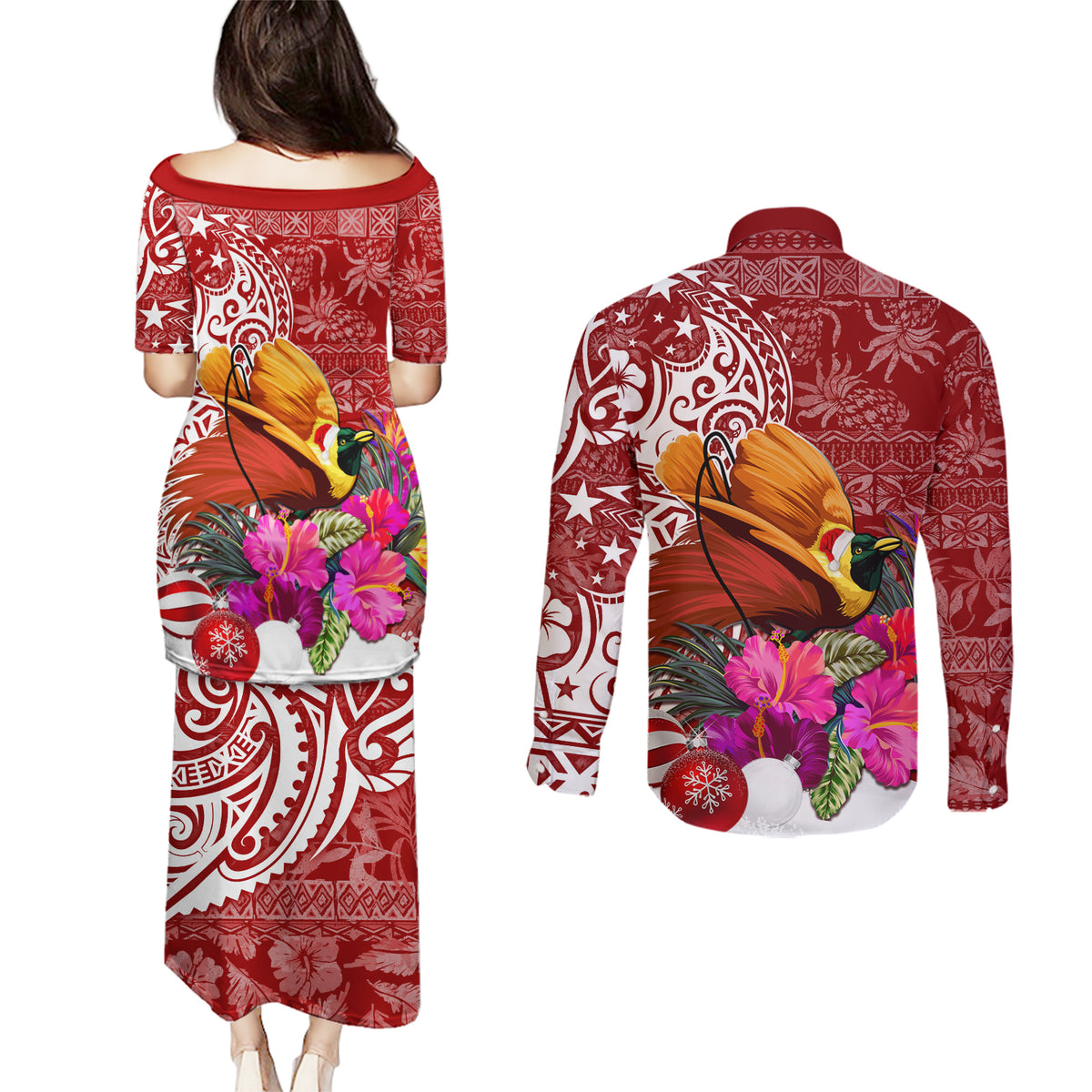Papua New Guinea Christmas Couples Matching Puletasi Dress and Long Sleeve Button Shirt Bird-of-Paradise Special LT7 - Polynesian Pride