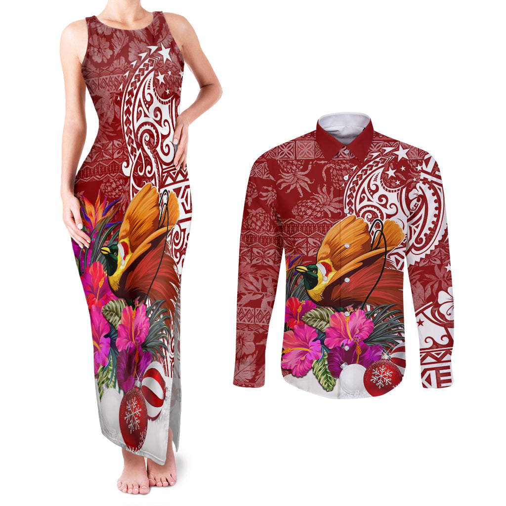 Papua New Guinea Christmas Couples Matching Tank Maxi Dress and Long Sleeve Button Shirt Bird-of-Paradise Special LT7 Red - Polynesian Pride