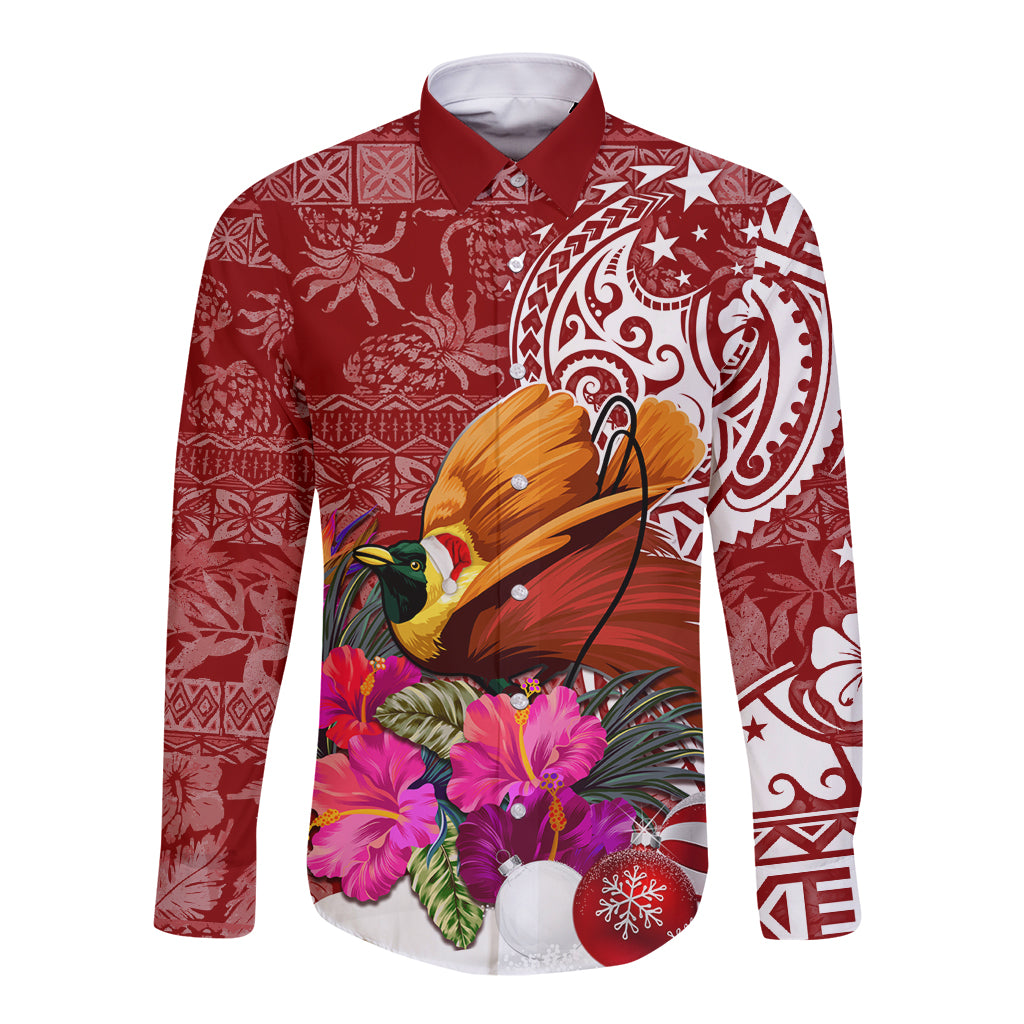 Papua New Guinea Christmas Long Sleeve Button Shirt Bird-of-Paradise Special LT7 Unisex Red - Polynesian Pride