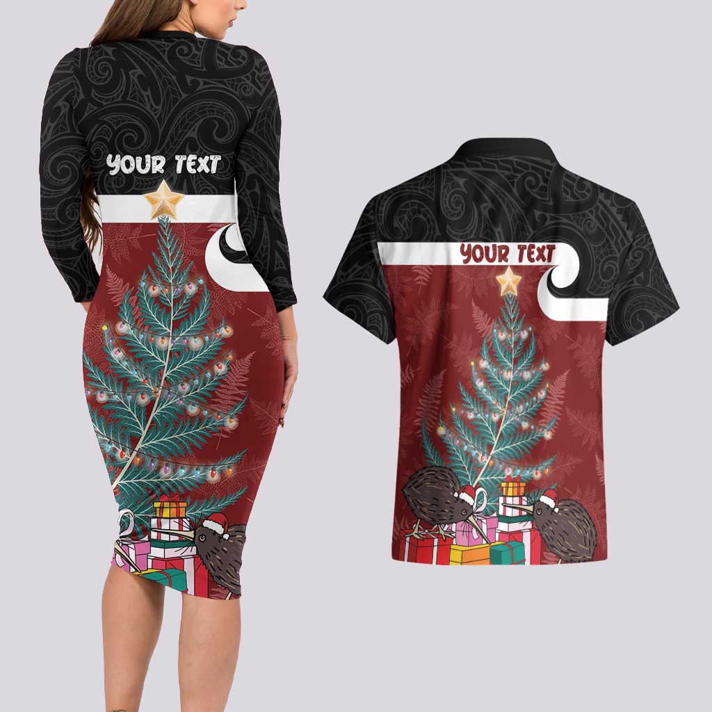 Personalised New Zealand Maori Christmas Couples Matching Long Sleeve Bodycon Dress and Hawaiian Shirt Xmas Fern Mix Kowhawhai LT7 - Polynesian Pride