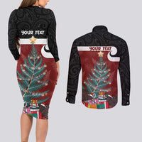 Personalised New Zealand Maori Christmas Couples Matching Long Sleeve Bodycon Dress and Long Sleeve Button Shirt Xmas Fern Mix Kowhawhai
