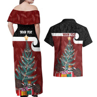 Personalised New Zealand Maori Christmas Couples Matching Off Shoulder Maxi Dress and Hawaiian Shirt Xmas Fern Mix Kowhawhai LT7 - Polynesian Pride