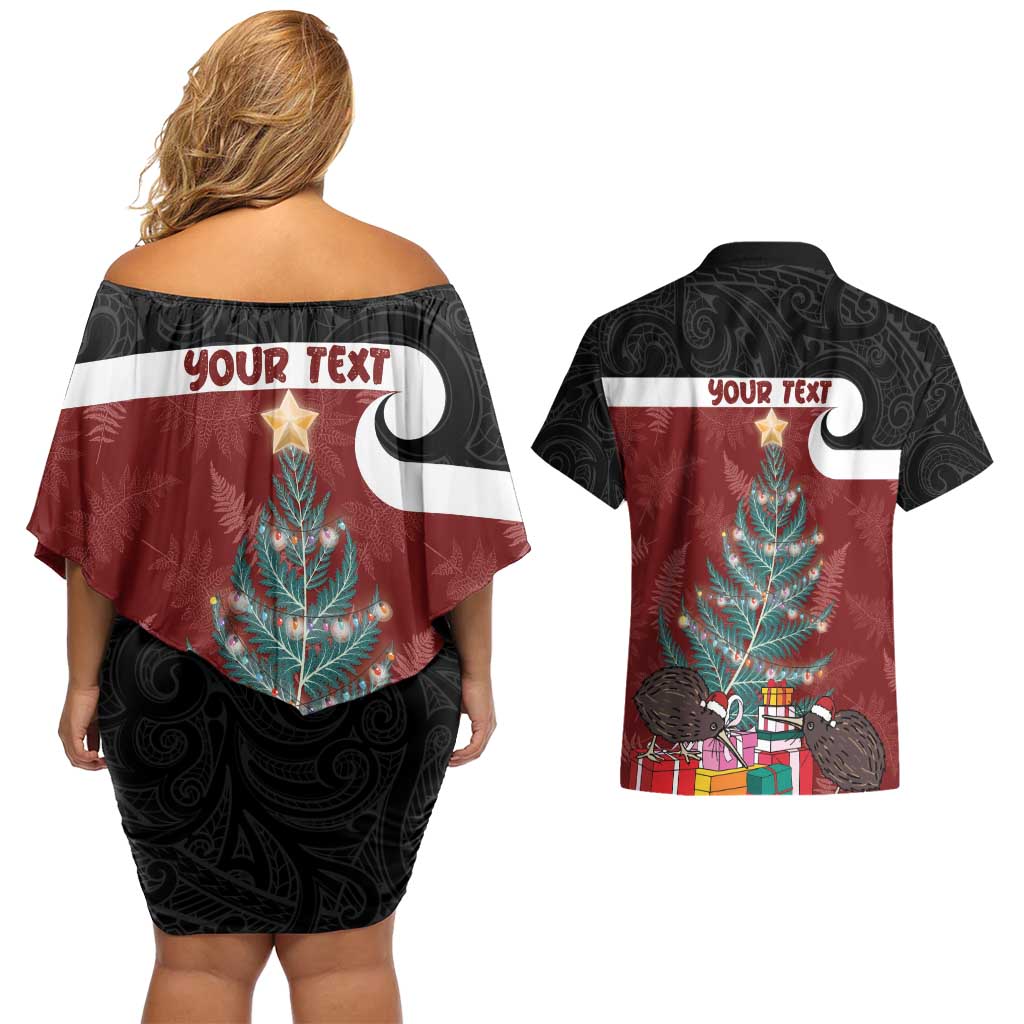 Personalised New Zealand Maori Christmas Couples Matching Off Shoulder Short Dress and Hawaiian Shirt Xmas Fern Mix Kowhawhai LT7 - Polynesian Pride