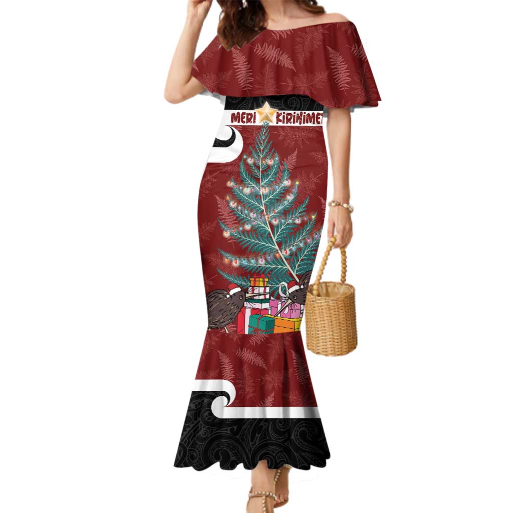Personalised New Zealand Maori Christmas Family Matching Mermaid Dress and Hawaiian Shirt Xmas Fern Mix Kowhawhai LT7 Mom's Dress Black - Polynesian Pride