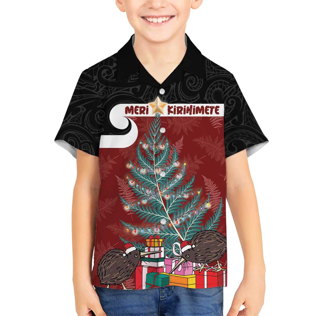 Personalised New Zealand Maori Christmas Family Matching Off Shoulder Maxi Dress and Hawaiian Shirt Xmas Fern Mix Kowhawhai LT7 Son's Shirt Black - Polynesian Pride