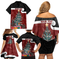 Personalised New Zealand Maori Christmas Family Matching Off Shoulder Short Dress and Hawaiian Shirt Xmas Fern Mix Kowhawhai LT7 - Polynesian Pride