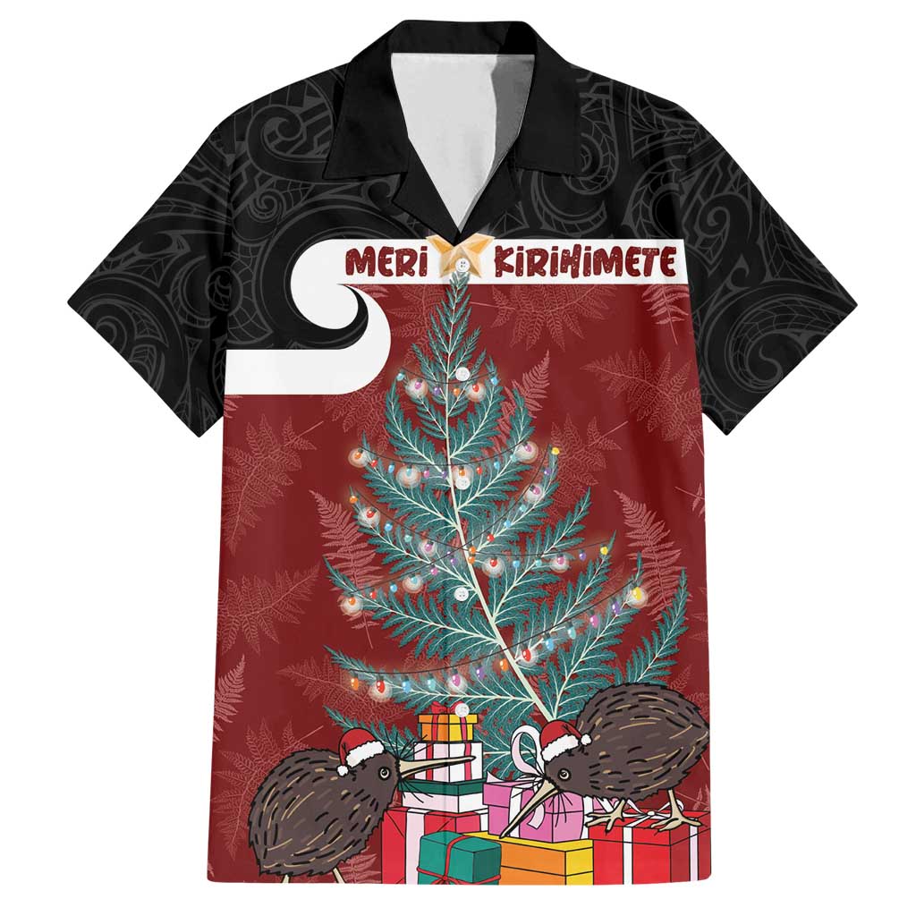 Personalised New Zealand Maori Christmas Family Matching Puletasi and Hawaiian Shirt Xmas Fern Mix Kowhawhai LT7 Dad's Shirt - Short Sleeve Black - Polynesian Pride