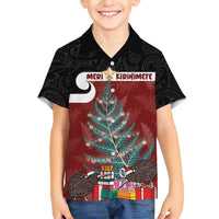 Personalised New Zealand Maori Christmas Family Matching Short Sleeve Bodycon Dress and Hawaiian Shirt Xmas Fern Mix Kowhawhai LT7 Son's Shirt Black - Polynesian Pride