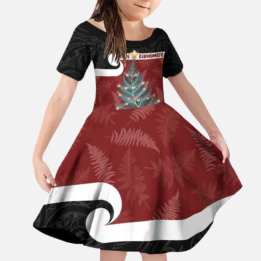 Personalised New Zealand Maori Christmas Family Matching Summer Maxi Dress and Hawaiian Shirt Xmas Fern Mix Kowhawhai LT7 Daughter's Dress Black - Polynesian Pride