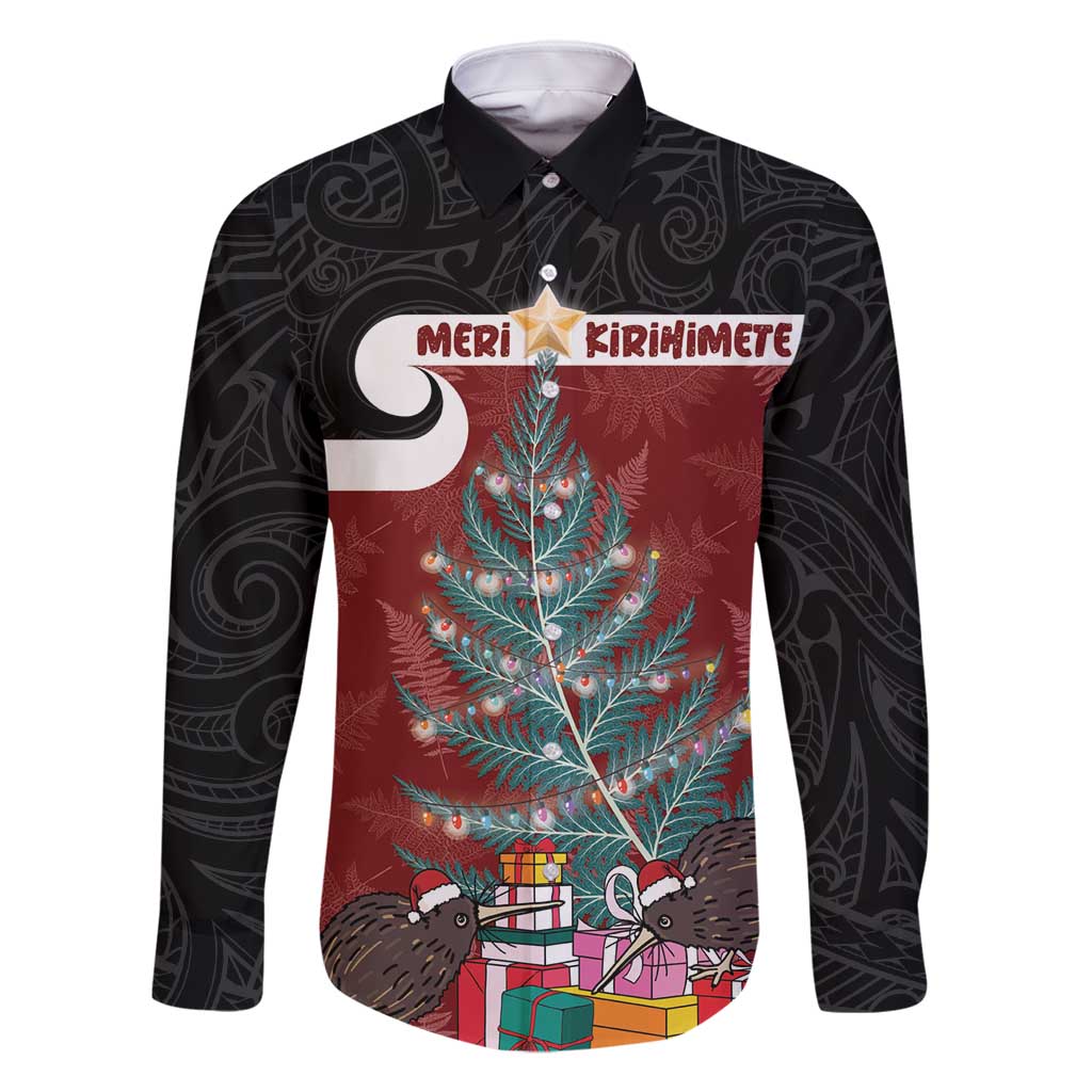 Personalised New Zealand Maori Christmas Family Matching Tank Maxi Dress and Hawaiian Shirt Xmas Fern Mix Kowhawhai LT7 Dad's Shirt - Long Sleeve Black - Polynesian Pride