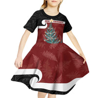 Personalised New Zealand Maori Christmas Kid Short Sleeve Dress Xmas Fern Mix Kowhawhai