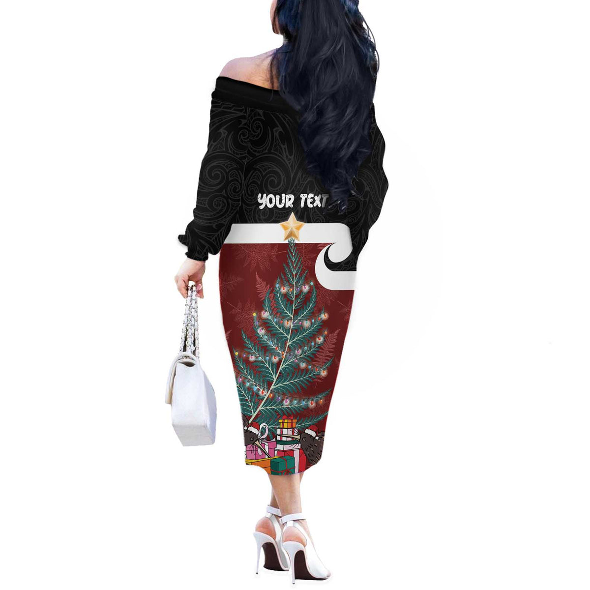 Personalised New Zealand Maori Christmas Off The Shoulder Long Sleeve Dress Xmas Fern Mix Kowhawhai