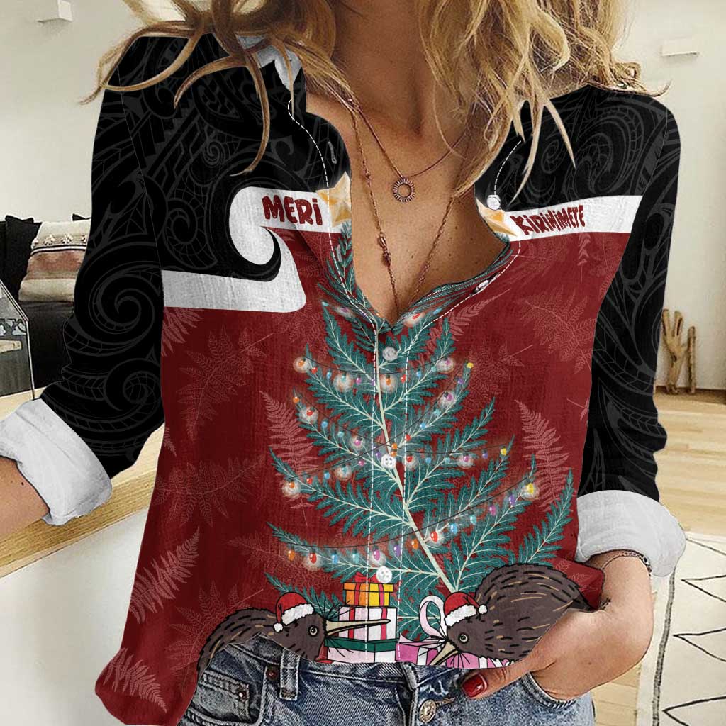 Personalised New Zealand Maori Christmas Women Casual Shirt Xmas Fern Mix Kowhawhai LT7 Female Black - Polynesian Pride