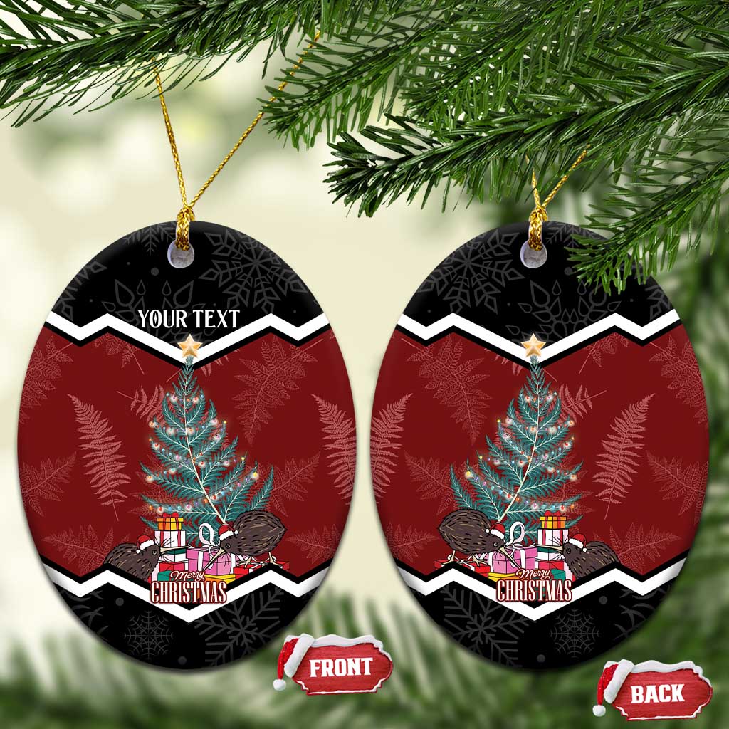 Personalised New Zealand Christmas Ceramic Ornament Xmas Fern and Kiwi Birds LT7 Oval Black - Polynesian Pride