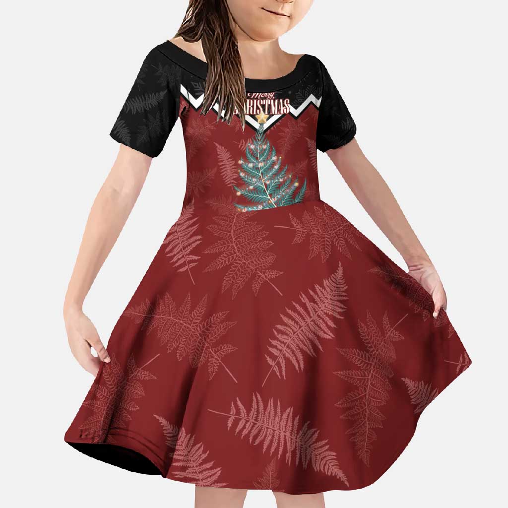 Personalised New Zealand Christmas Family Matching Off Shoulder Maxi Dress and Hawaiian Shirt Xmas Fern and Kiwi Birds LT7 Daughter's Dress Black - Polynesian Pride