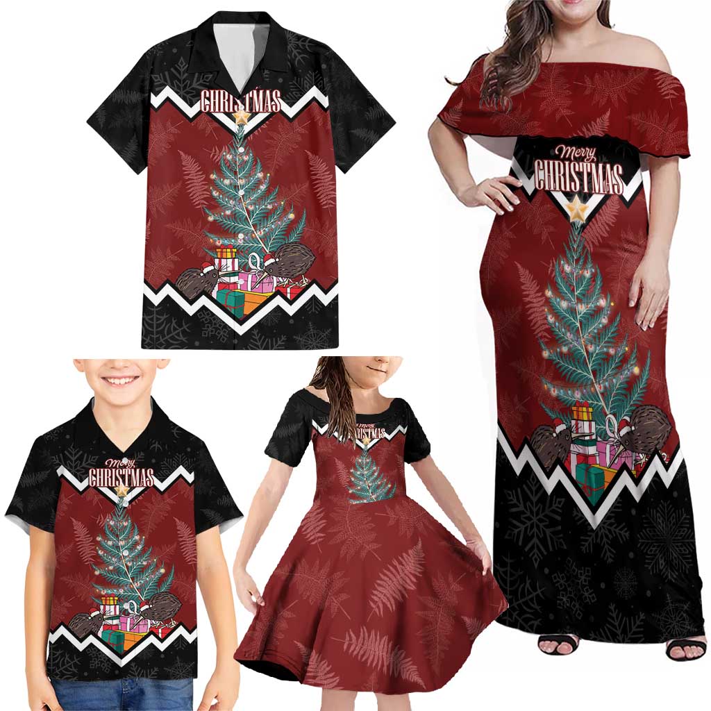 Personalised New Zealand Christmas Family Matching Off Shoulder Maxi Dress and Hawaiian Shirt Xmas Fern and Kiwi Birds LT7 - Polynesian Pride