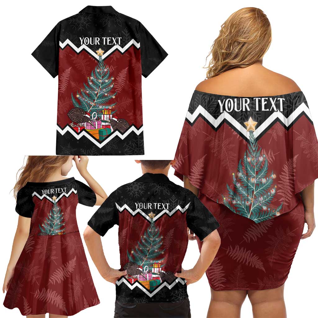 Personalised New Zealand Christmas Family Matching Off Shoulder Short Dress and Hawaiian Shirt Xmas Fern and Kiwi Birds LT7 - Polynesian Pride