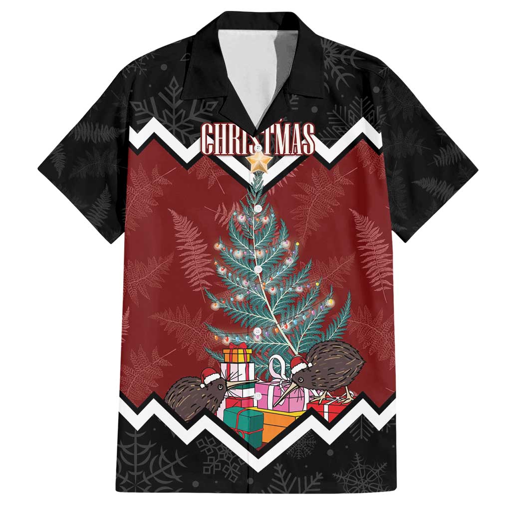 Personalised New Zealand Christmas Family Matching Off Shoulder Short Dress and Hawaiian Shirt Xmas Fern and Kiwi Birds LT7 Dad's Shirt - Short Sleeve Black - Polynesian Pride