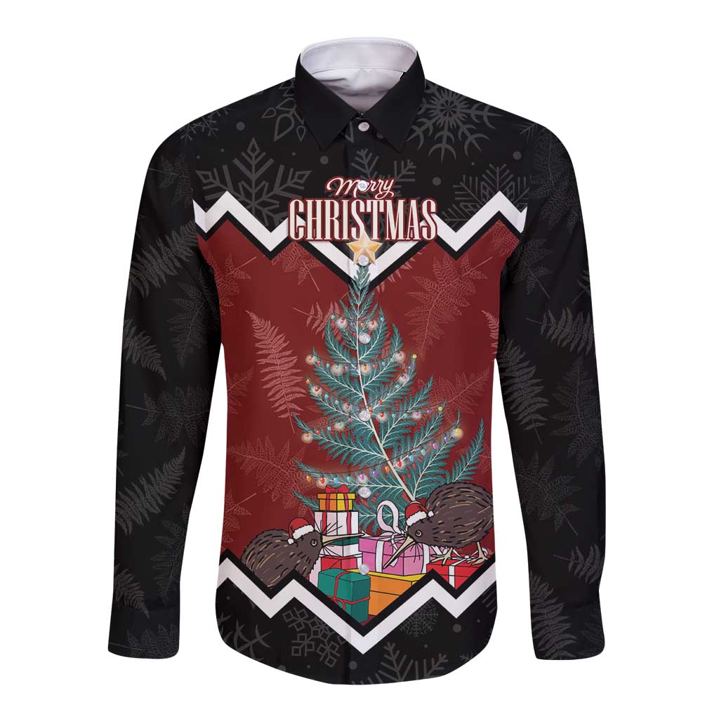 Personalised New Zealand Christmas Long Sleeve Button Shirt Xmas Fern and Kiwi Birds LT7 Unisex Black - Polynesian Pride