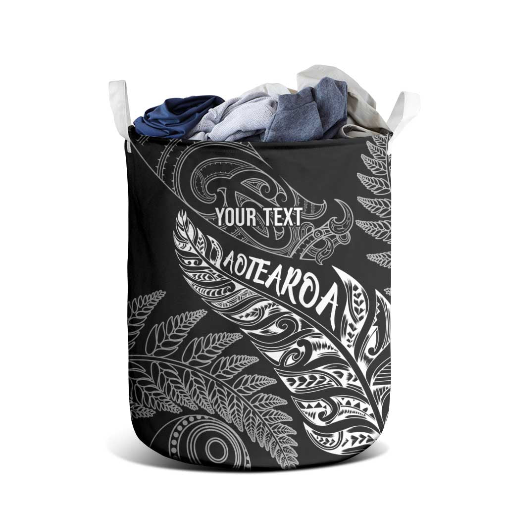 Aotearoa Personalized Lawn Bowls Maori Laundry Basket New Zealand Black Tribal Silver Fern - Polynesian Pride
