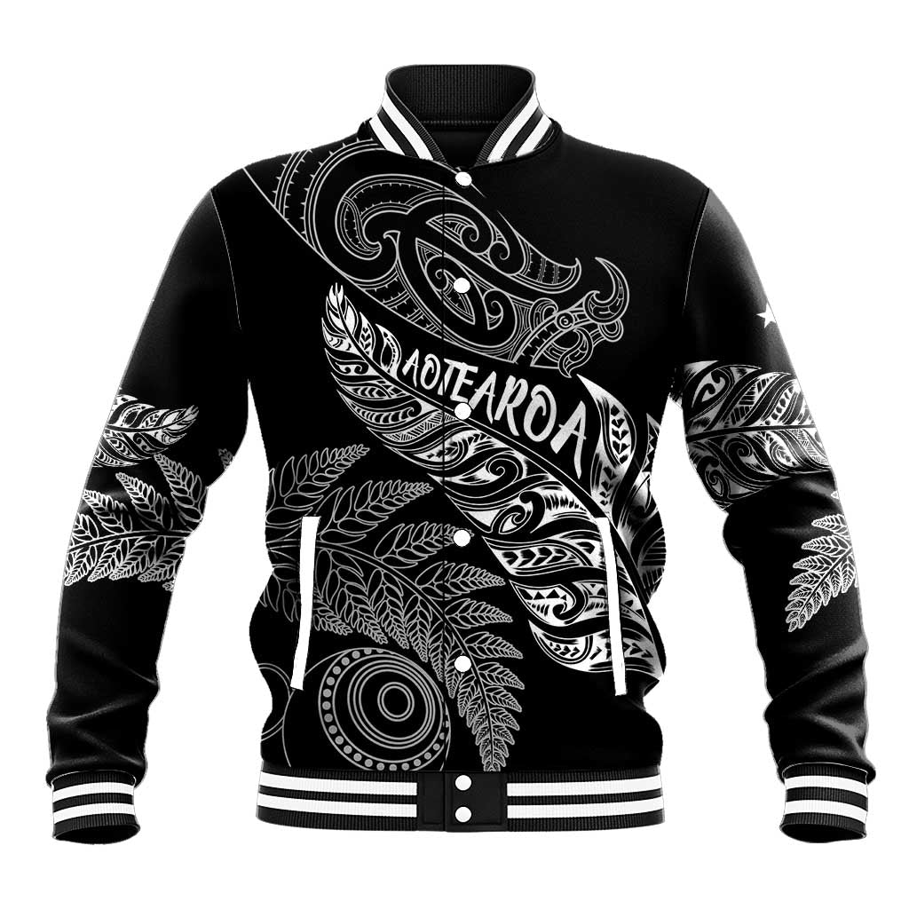 Aotearoa Personalized Lawn Bowls Maori Baseball Jacket New Zealand Black Tribal Silver Fern - Polynesian Pride
