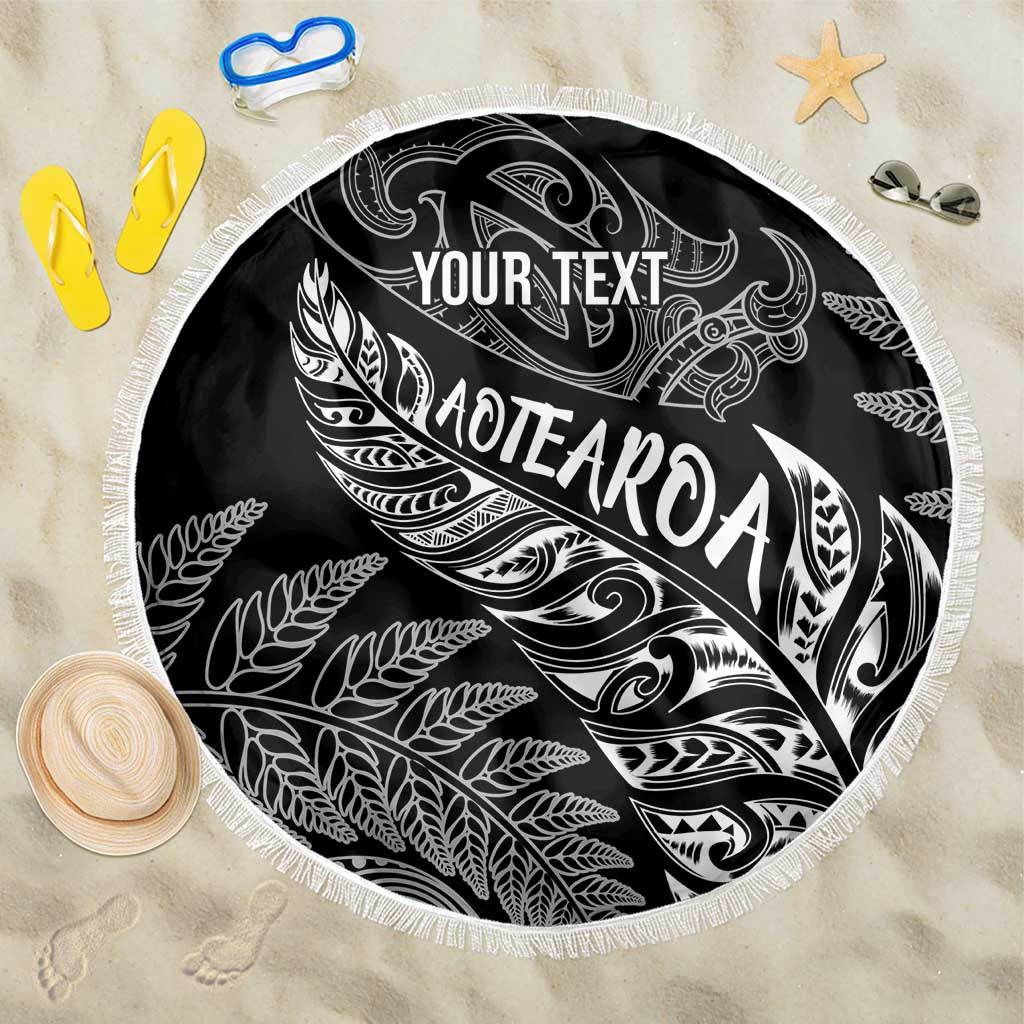 Aotearoa Personalized Lawn Bowls Maori Beach Blanket New Zealand Black Tribal Silver Fern - Polynesian Pride