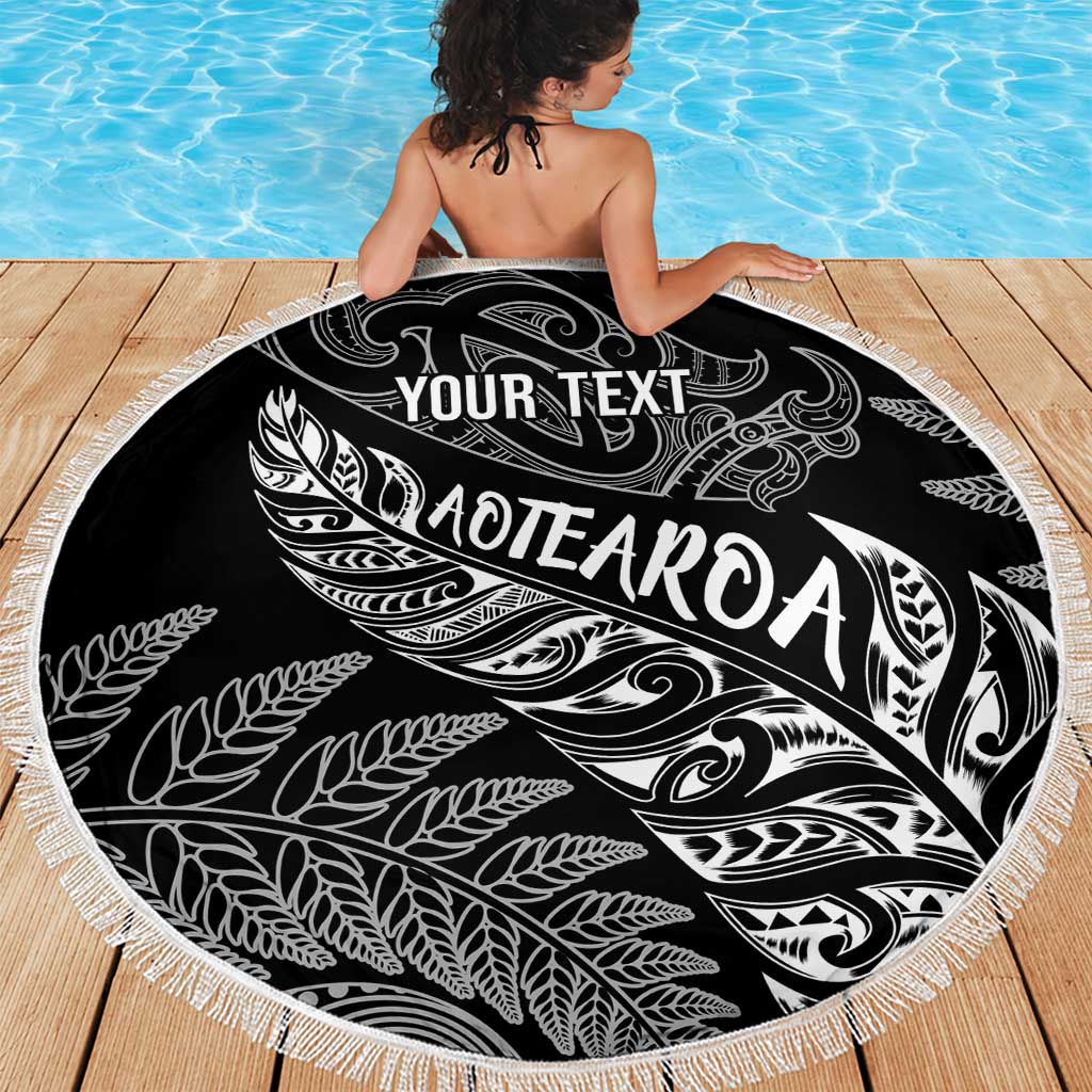Aotearoa Personalized Lawn Bowls Maori Beach Blanket New Zealand Black Tribal Silver Fern - Polynesian Pride