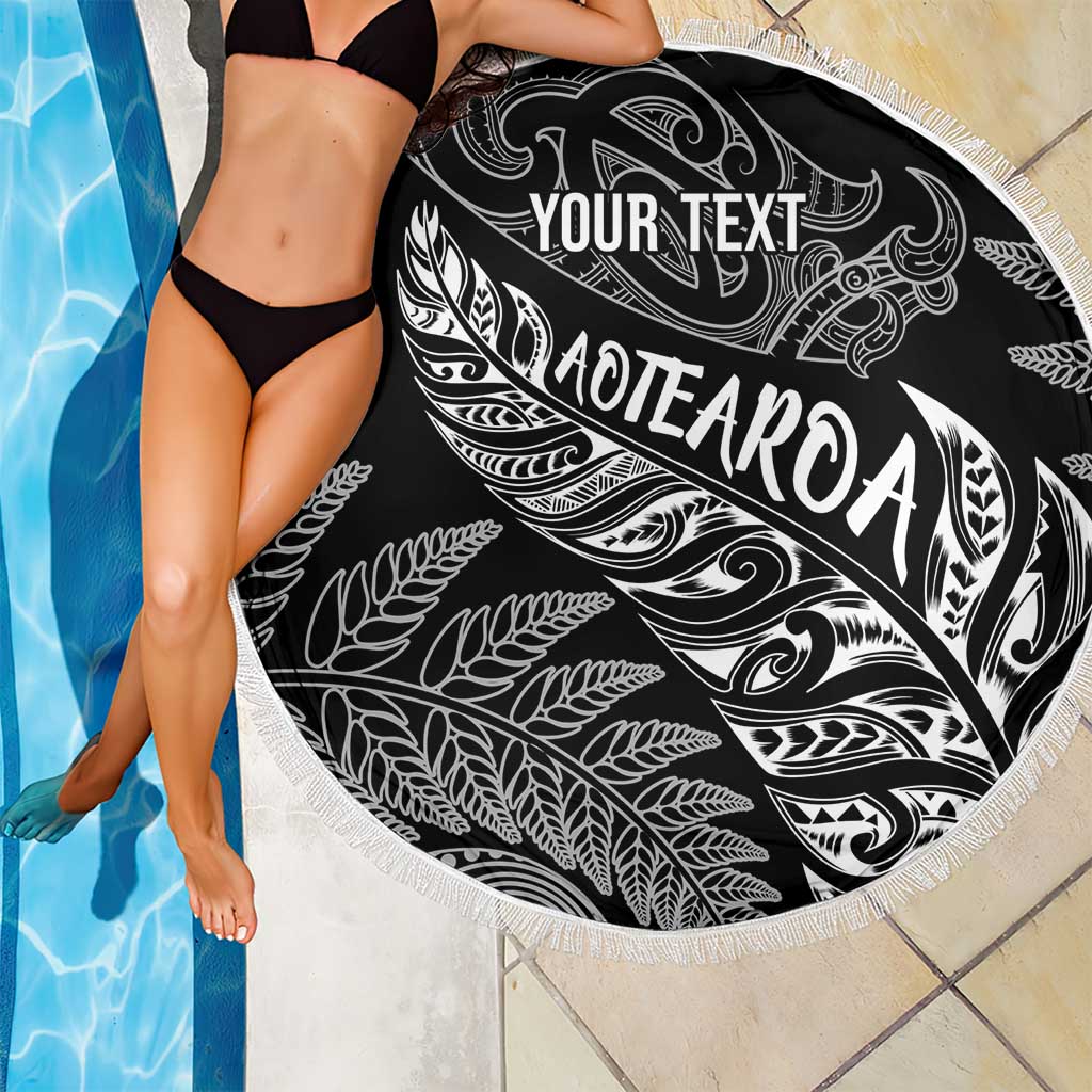 Aotearoa Personalized Lawn Bowls Maori Beach Blanket New Zealand Black Tribal Silver Fern - Polynesian Pride