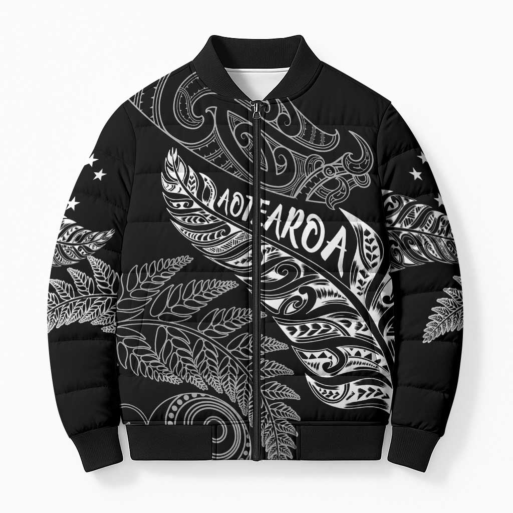 Aotearoa Personalized Lawn Bowls Maori Bomber Puffer Jacket New Zealand Black Tribal Silver Fern - Polynesian Pride