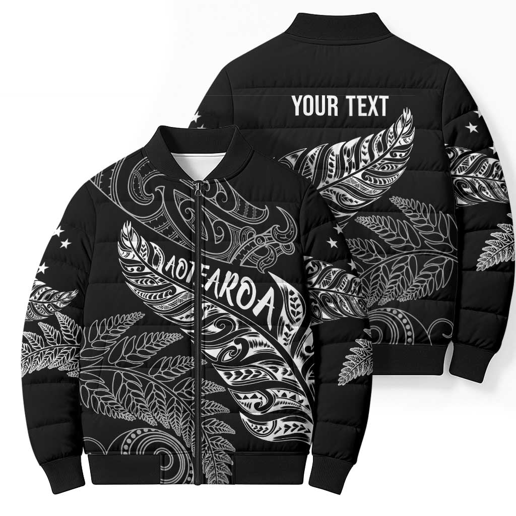 Aotearoa Personalized Lawn Bowls Maori Bomber Puffer Jacket New Zealand Black Tribal Silver Fern - Polynesian Pride