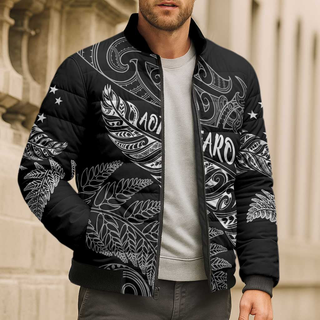 Aotearoa Personalized Lawn Bowls Maori Bomber Puffer Jacket New Zealand Black Tribal Silver Fern - Polynesian Pride