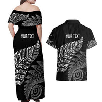 Aotearoa Personalized Lawn Bowls Maori Couples Matching Off Shoulder Maxi Dress and Hawaiian Shirt New Zealand Black Tribal Silver Fern - Polynesian Pride