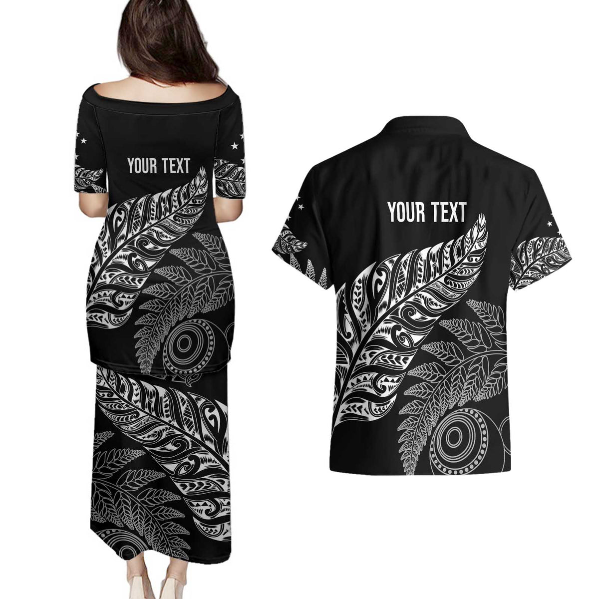 Aotearoa Personalized Lawn Bowls Maori Couples Matching Puletasi and Hawaiian Shirt New Zealand Black Tribal Silver Fern - Polynesian Pride