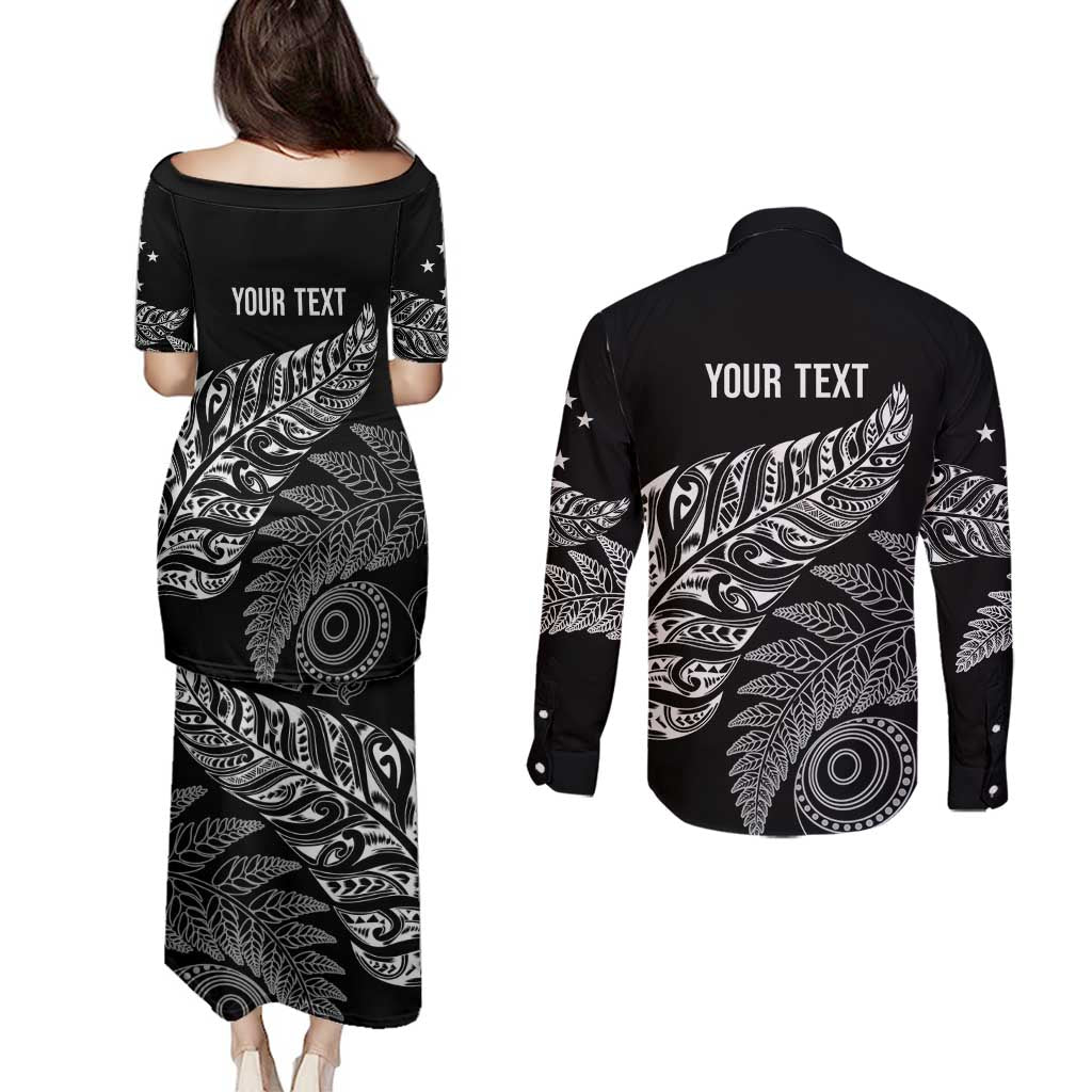 Aotearoa Personalized Lawn Bowls Maori Couples Matching Puletasi and Long Sleeve Button Shirt New Zealand Black Tribal Silver Fern - Polynesian Pride