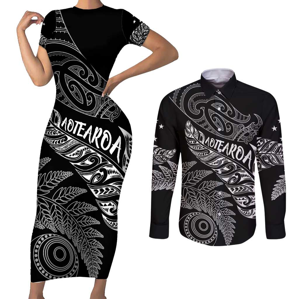 Aotearoa Personalized Lawn Bowls Maori Couples Matching Short Sleeve Bodycon Dress and Long Sleeve Button Shirt New Zealand Black Tribal Silver Fern - Polynesian Pride