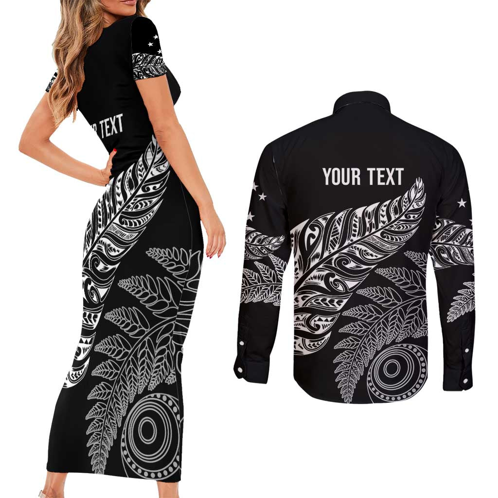 Aotearoa Personalized Lawn Bowls Maori Couples Matching Short Sleeve Bodycon Dress and Long Sleeve Button Shirt New Zealand Black Tribal Silver Fern - Polynesian Pride