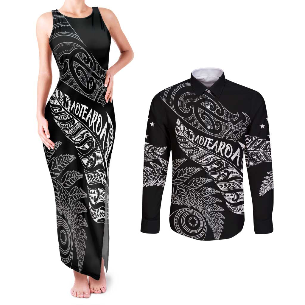 Aotearoa Personalized Lawn Bowls Maori Couples Matching Tank Maxi Dress and Long Sleeve Button Shirt New Zealand Black Tribal Silver Fern - Polynesian Pride